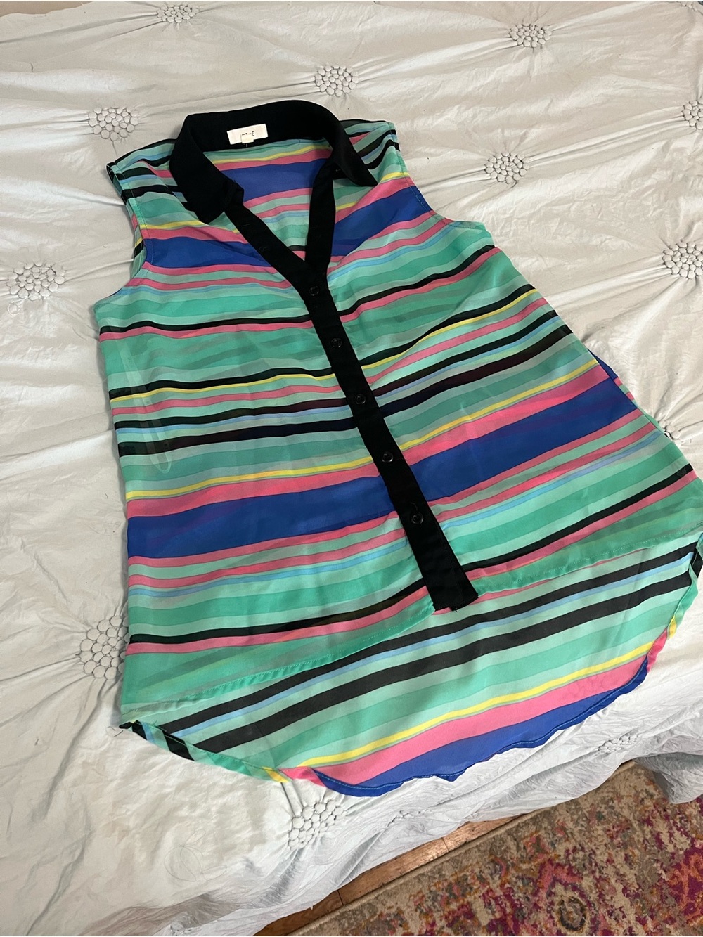 Sleeveless Striped Button-Front Top in Teal Multi